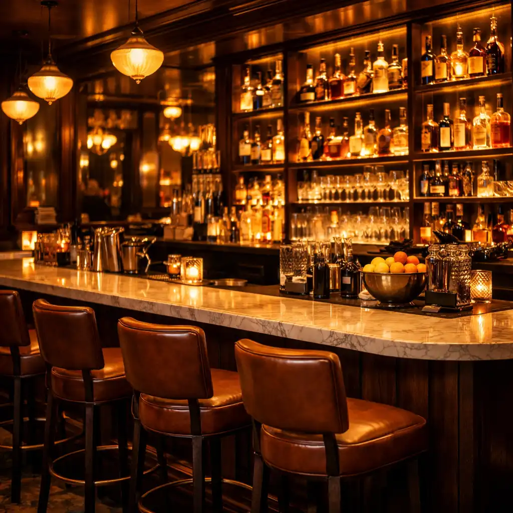 Coin bar avec tabourets hauts en cuir, comptoir en marbre et bouteilles rétroéclairées