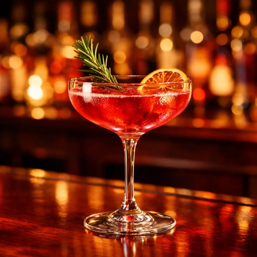 Cocktail signature au bar avec bouteilles rétroéclairées et comptoir en acajou