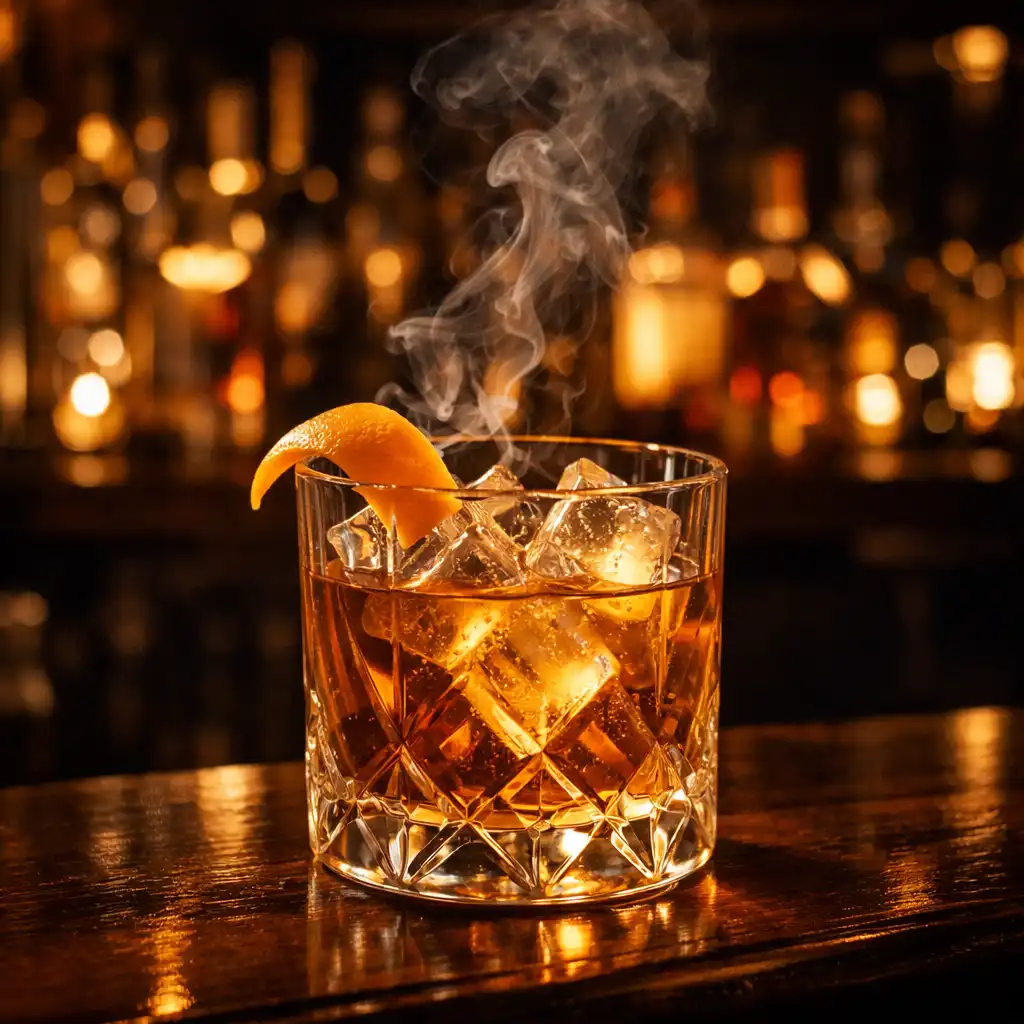 Cocktail artisanal dans un verre à whisky avec zeste d'orange et fumée légère