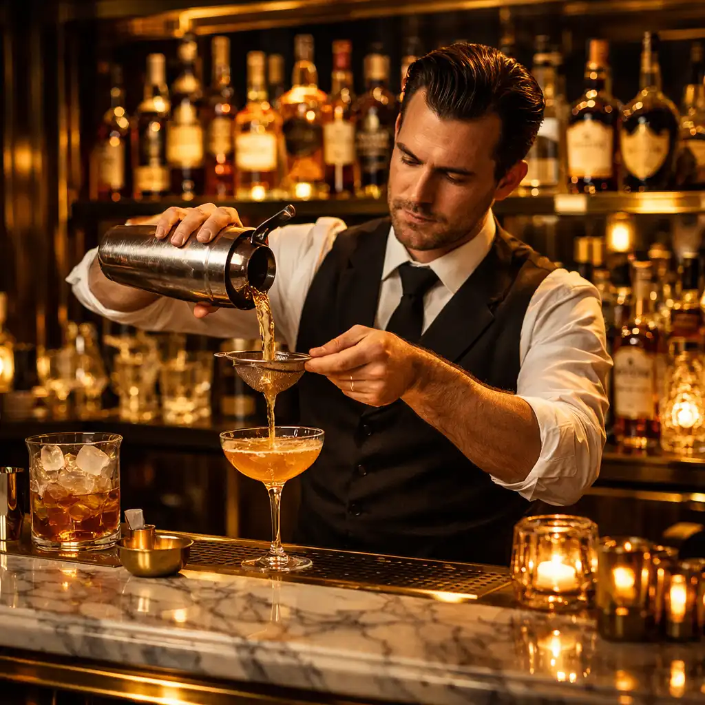 Bar en marbre et laiton avec un mixologue préparant un cocktail signature