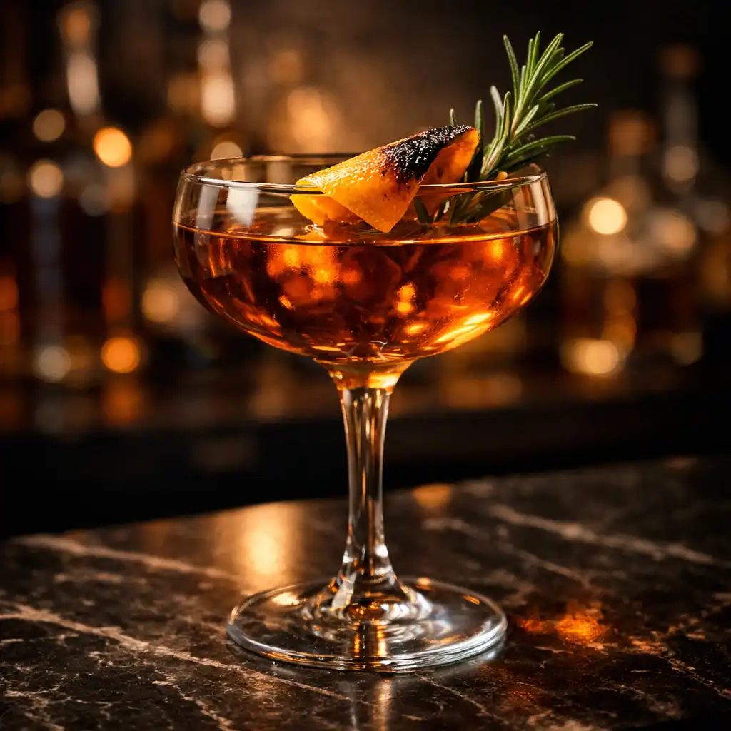 Cocktail signature ambré avec zeste d'orange brûlé et branche de romarin sur comptoir en marbre sombre
