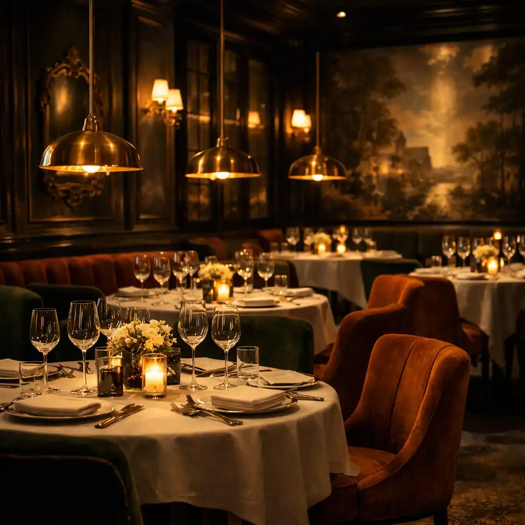 Salle à manger élégante avec tables dressées, chaises en velours et luminaires en laiton