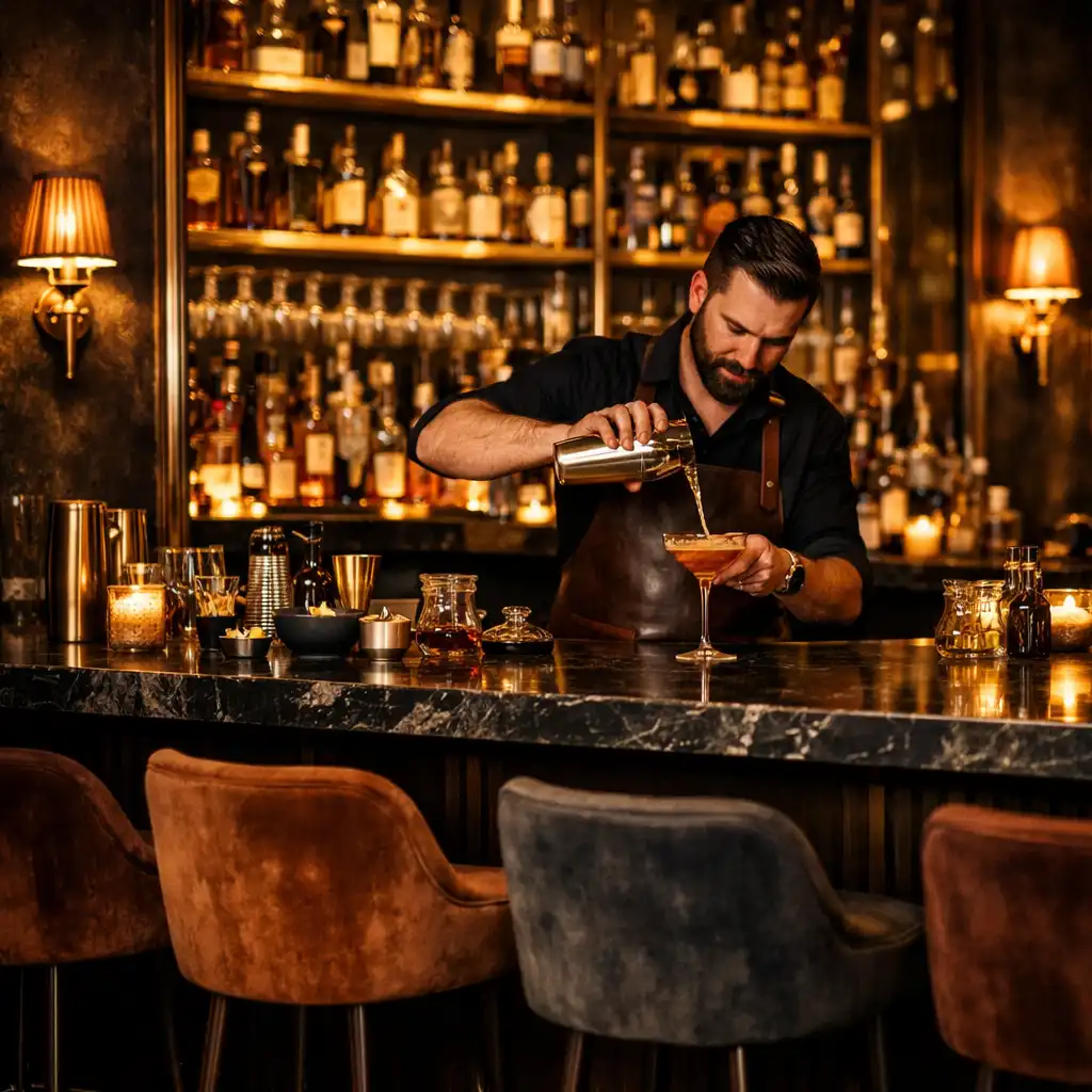 Bar du Jardin Velours avec comptoir en marbre sombre, étagères en laiton et mixologue préparant un cocktail