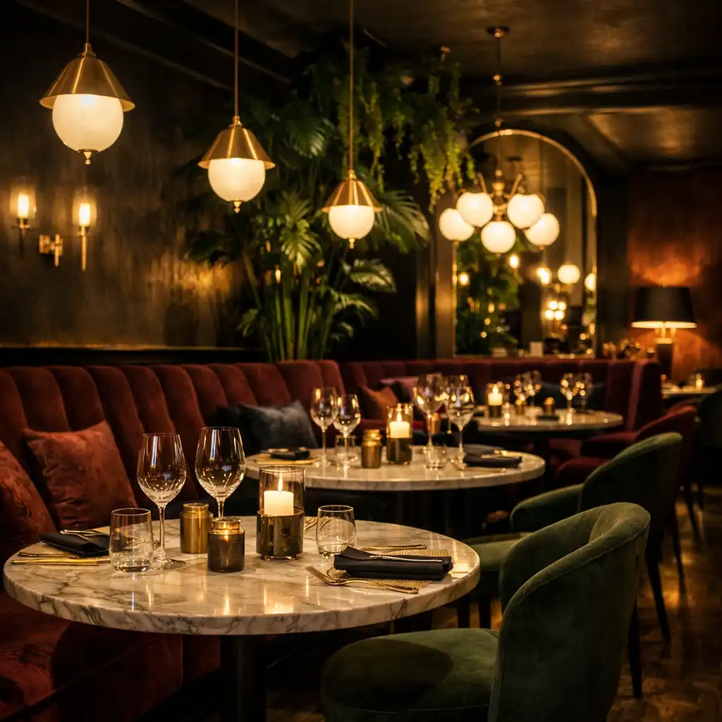 Salle à manger du Jardin Velours avec banquettes en velours bordeaux, tables en marbre et luminaires en laiton