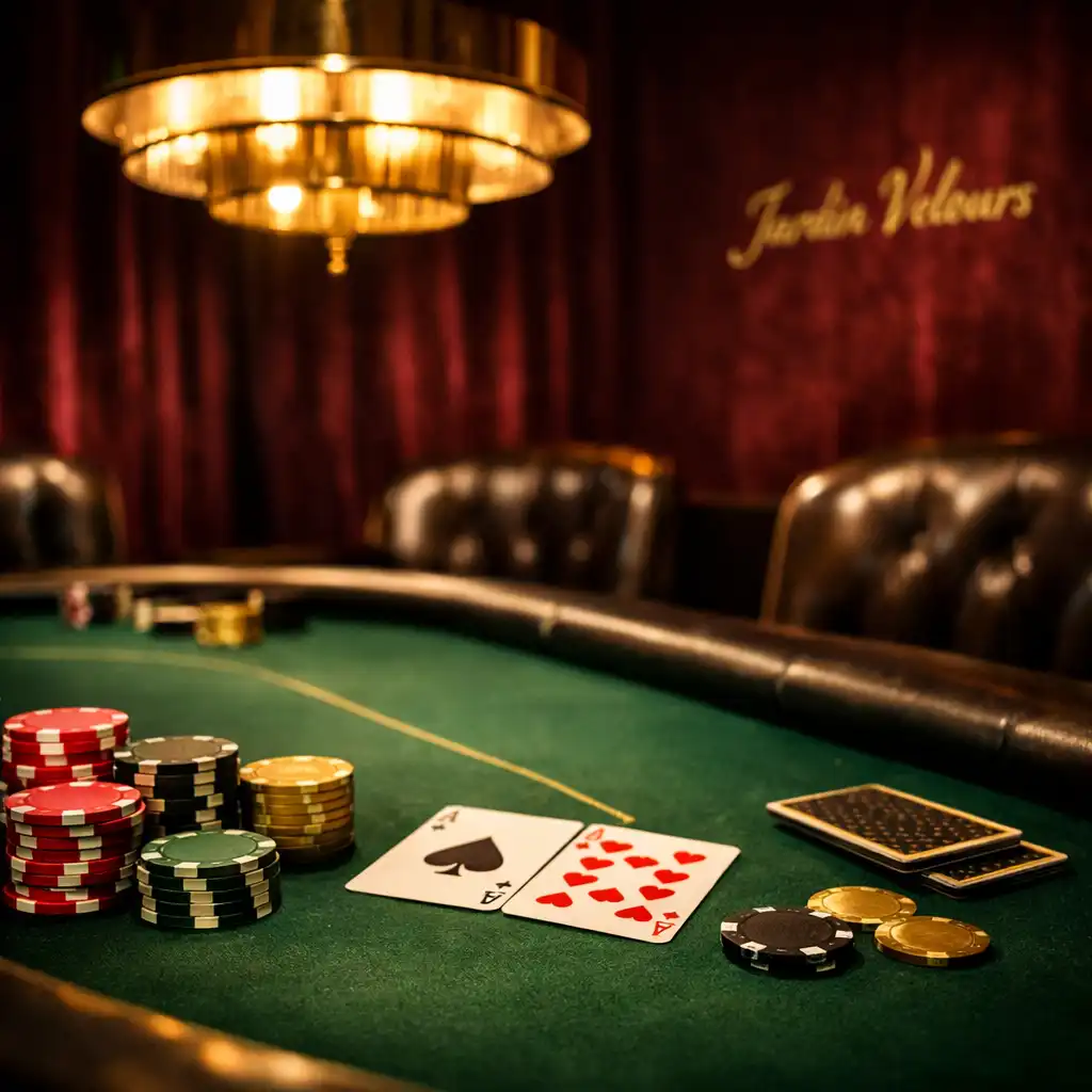 Salon de poker privé avec table en feutre vert, jetons et cartes sous une suspension en laiton