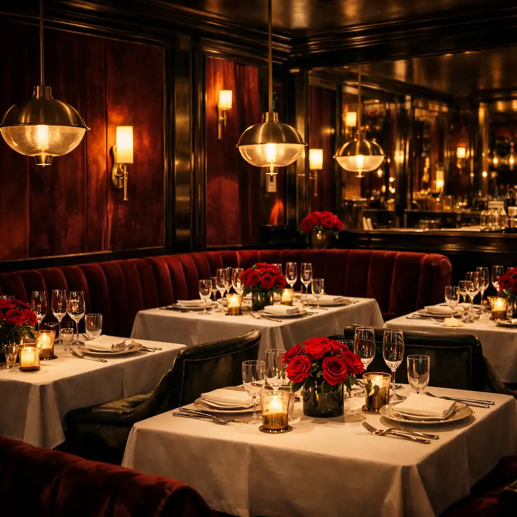 Ambiance feutrée du dinner-lounge Jardin Velours avec des tables élégantes et des suspensions en laiton