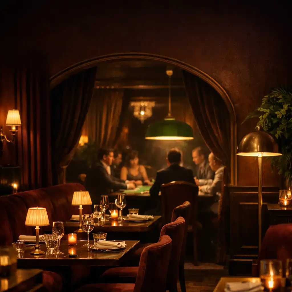 Salle à manger intime du Jardin Velours avec banquettes en velours bordeaux, luminaires en laiton et vue vers le salon de poker privé