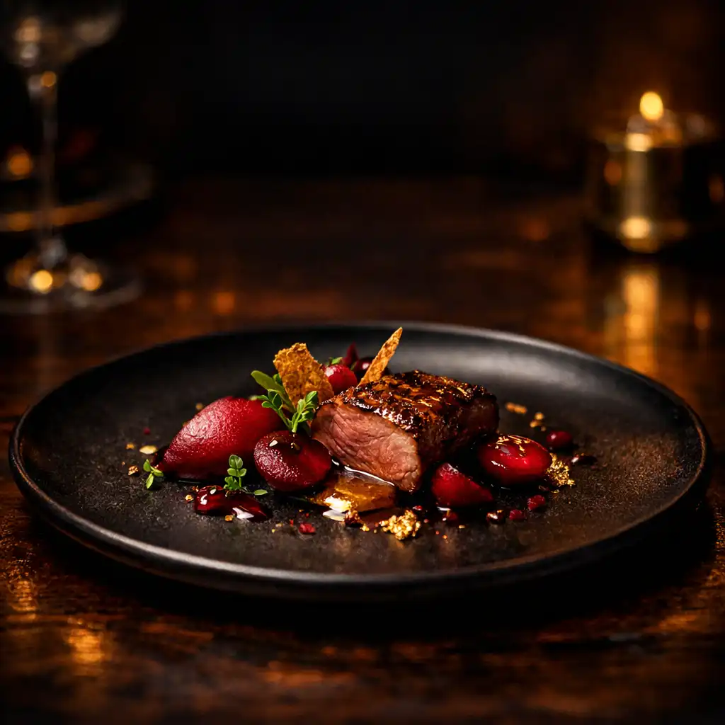 Plat gastronomique élégant sur une table sombre avec reflets dorés