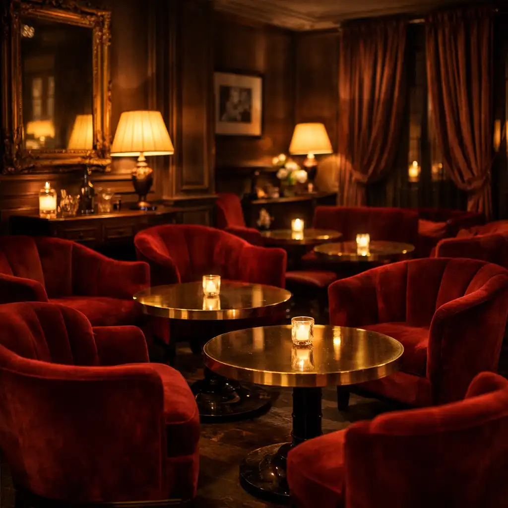 Intérieur d'un lounge parisien élégant avec fauteuils en velours rouge et éclairage tamisé