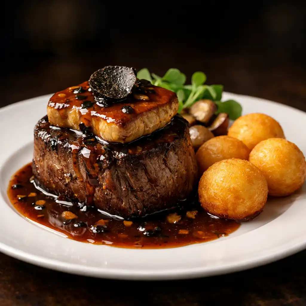 Filet de bœuf Rossini avec sauce périgueux et pommes dauphine