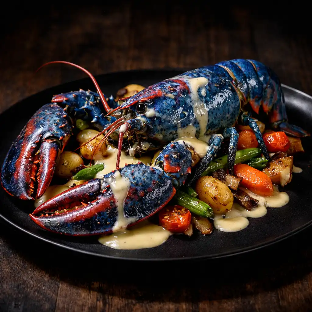 Homard bleu rôti avec beurre blanc au champagne et légumes de saison