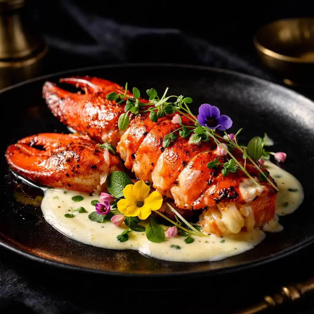 Homard bleu rôti, beurre blanc au yuzu, présenté sur une assiette en porcelaine noire