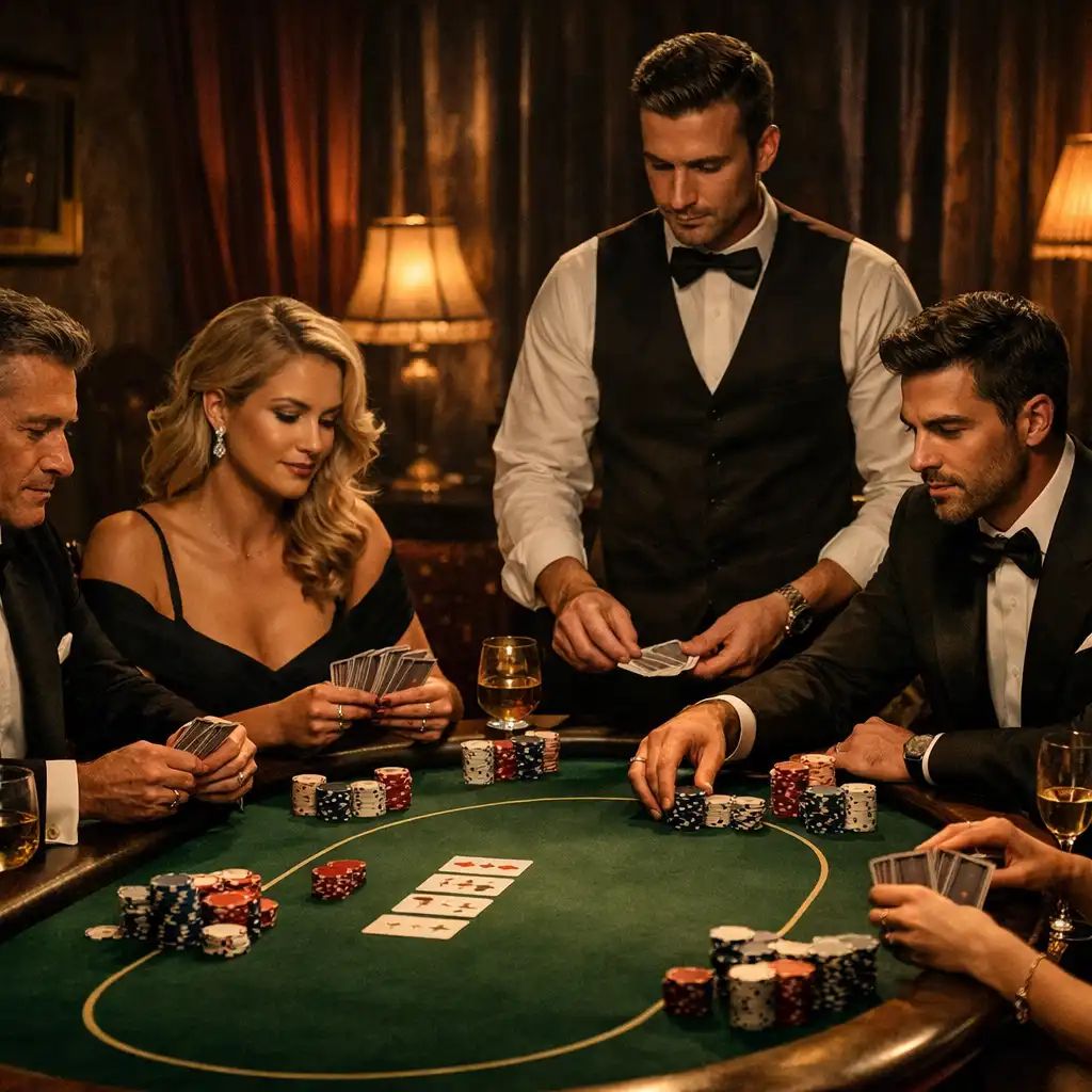 Salon de poker privé avec table professionnelle, joueurs élégants et croupier