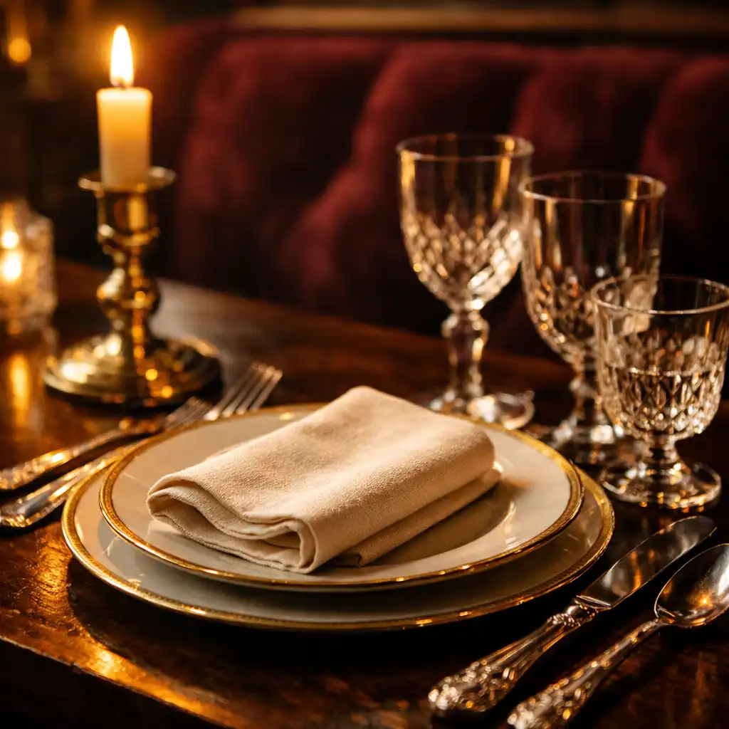 Table dressée avec couverts en argent, verres en cristal et bougie dans la salle à manger