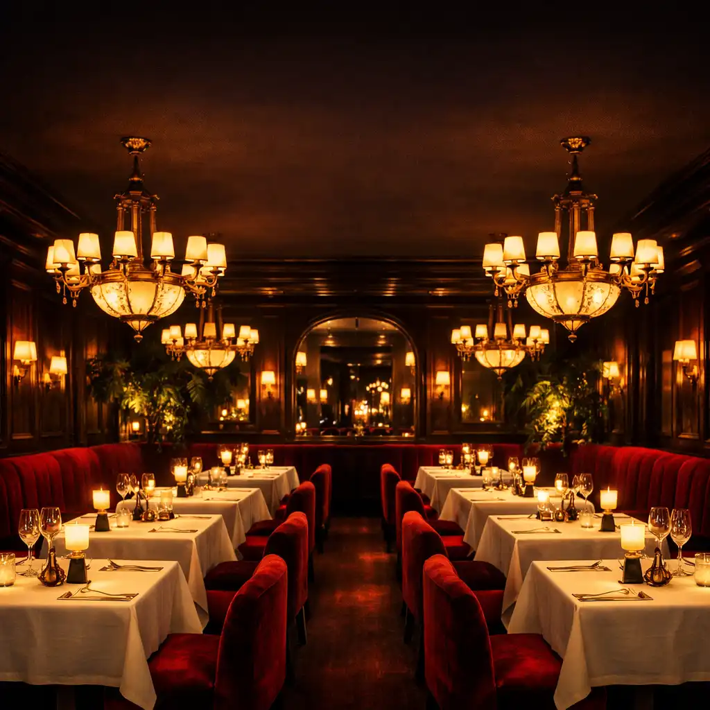 Salle principale de Jardin Velours avec banquettes en velours grenat et lustres en laiton