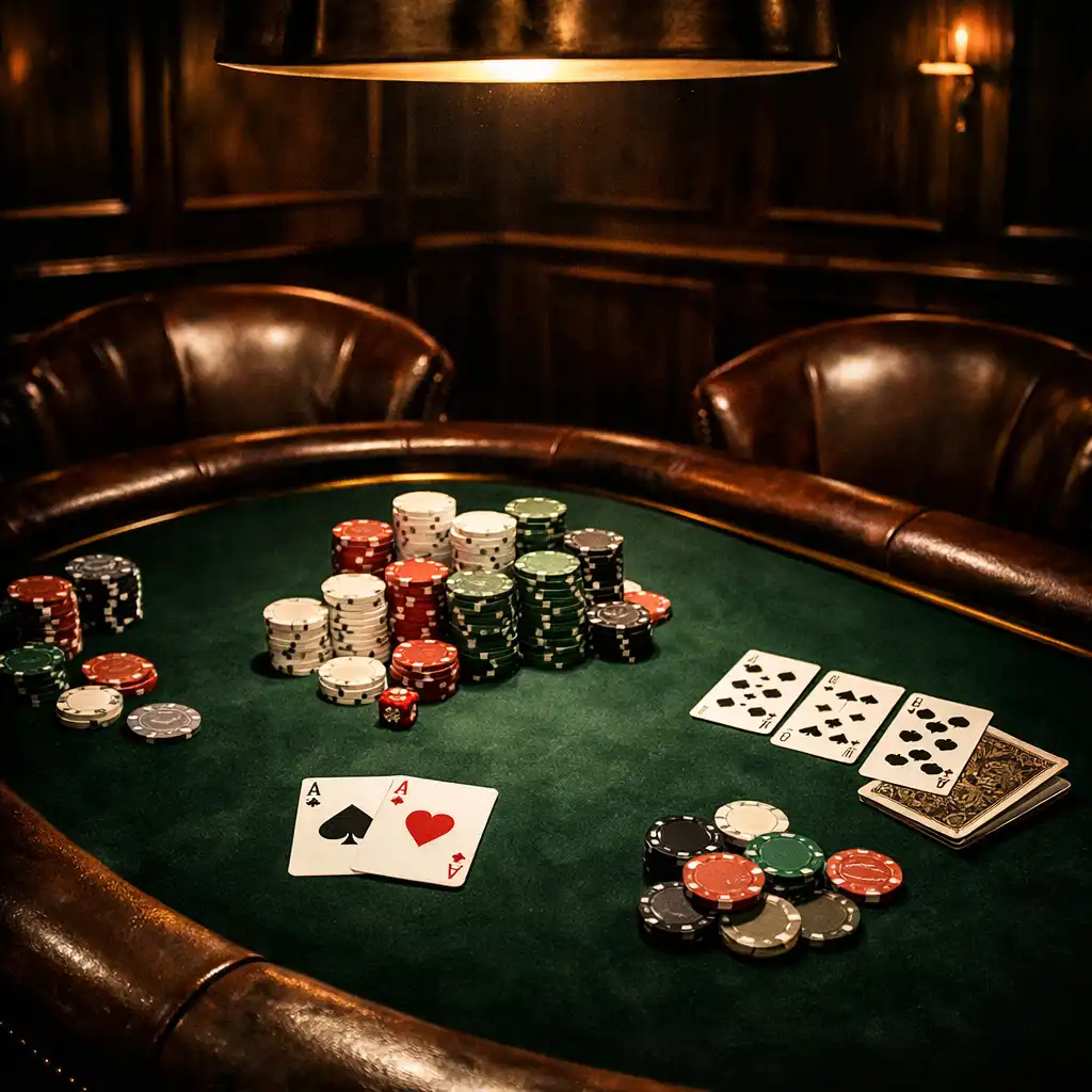 Table de poker professionnelle avec tapis vert, jetons et cartes dans le salon privé