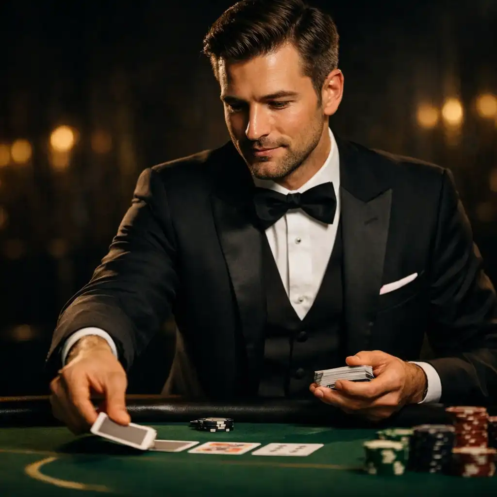 Croupier professionnel distribuant des cartes dans le salon