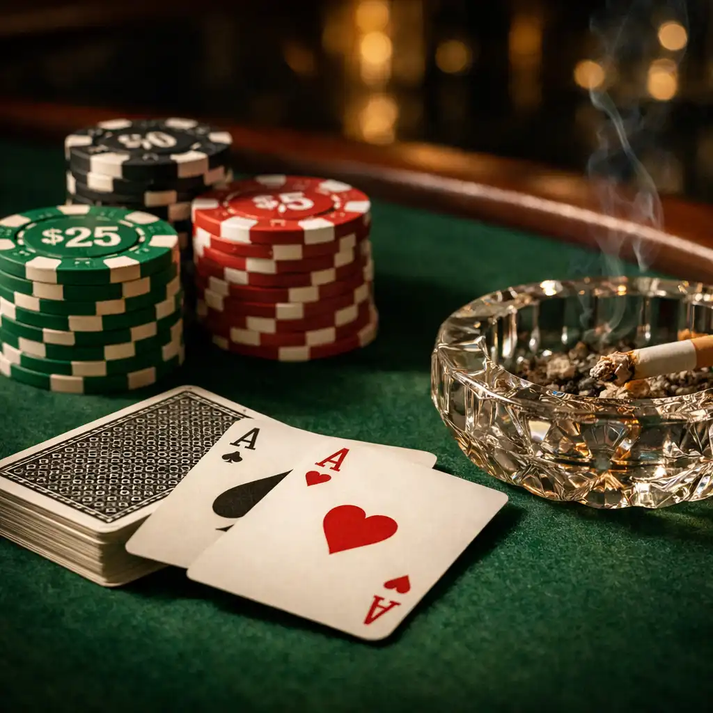 Détail d'une table de poker avec jetons et cartes