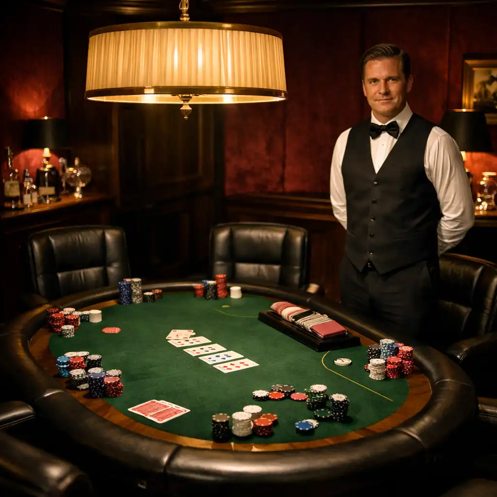 Salon de poker privé avec table professionnelle en feutre vert, suspension en laiton et murs en velours bordeaux