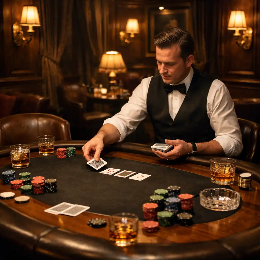 Salon privé avec table de poker en noyer massif, croupier en tenue formelle et éclairage chaud