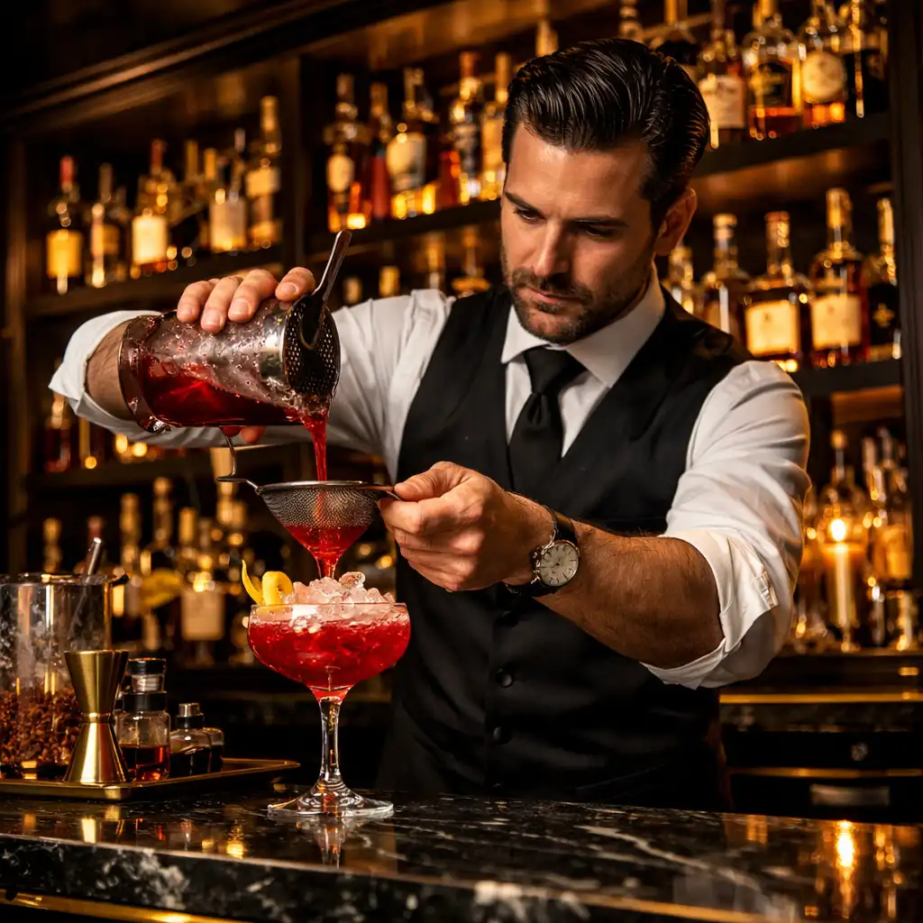 Barman préparant un cocktail signature dans un bar élégant aux tons sombres et dorés