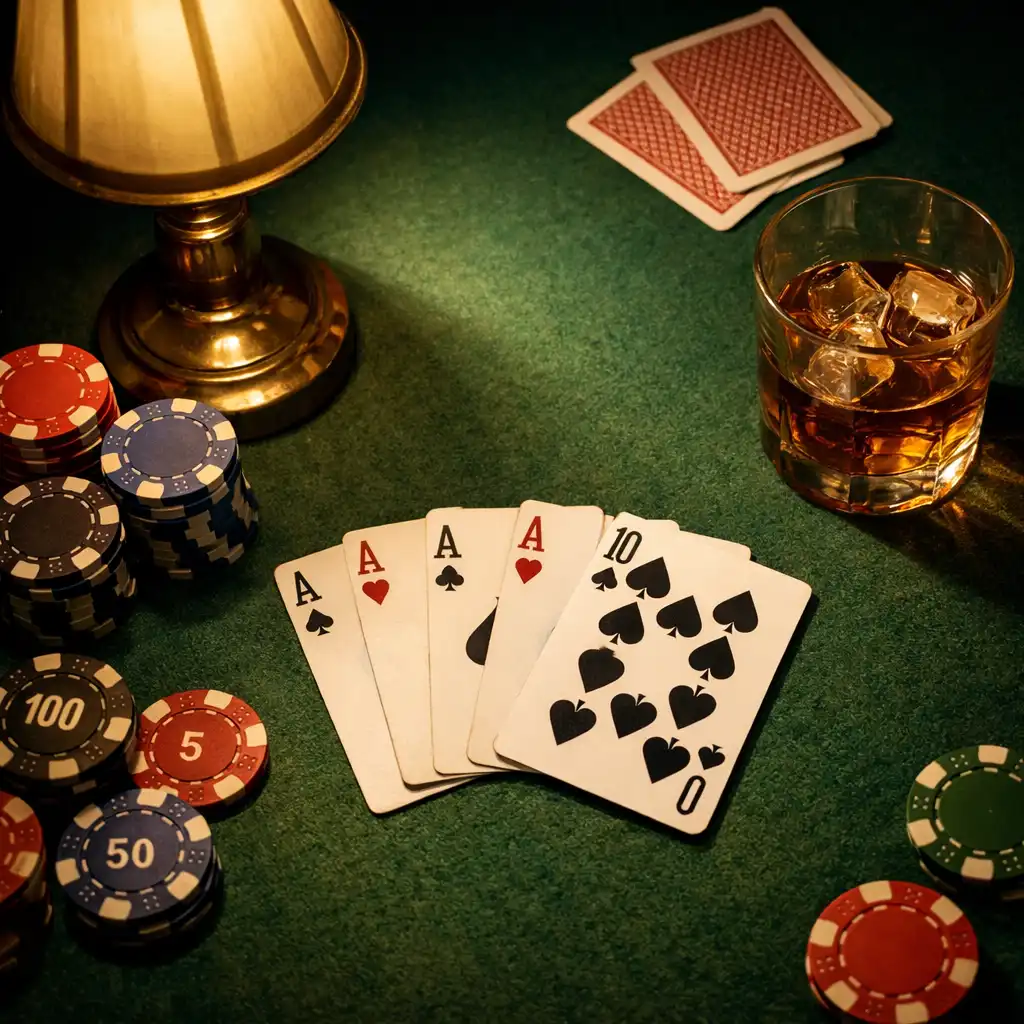 Main de poker sur une table en feutre vert avec cartes, jetons et verre de whisky