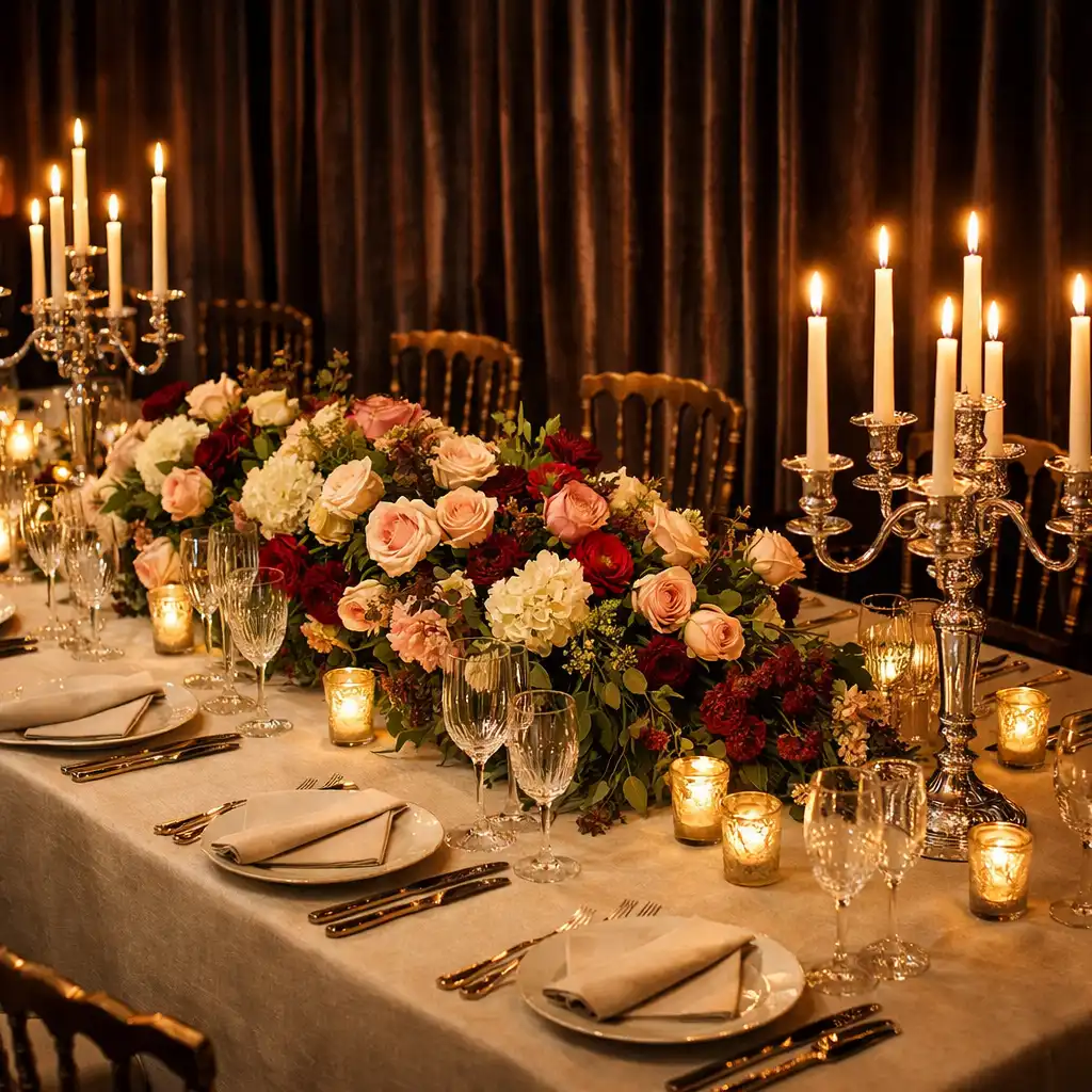 Table dressée pour un événement VIP avec centre de table floral et chandeliers
